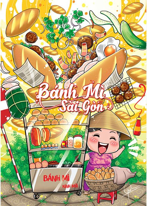 Logo bánh mì sinh động với xe đẩy bán bánh mì và các loại nguyên liệu làm bánh, cô bán bánh mì.
