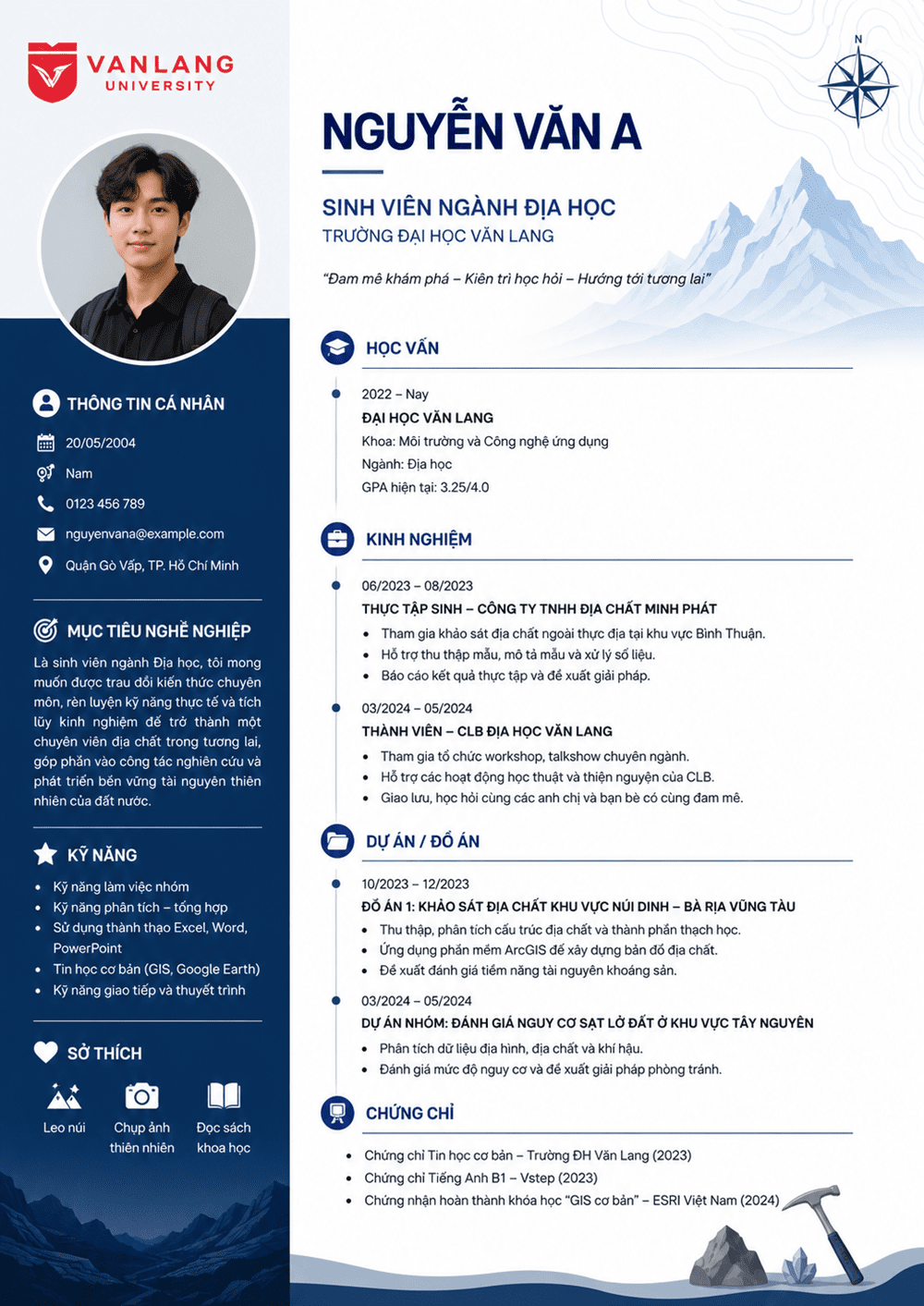 Ảnh CV của sinh viên Văn Lang với đầy đủ thông tin.
