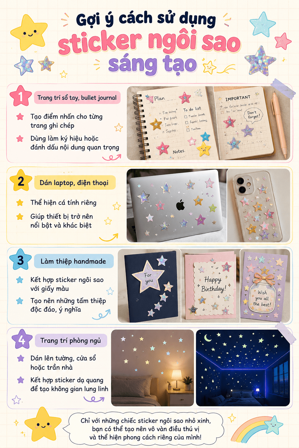 Gợi ý 4 cách sử  dụng sticker ngôi sao gồm trang trí sổ, dán laptop, làm thiệp, trang trí phòng ngủ.
