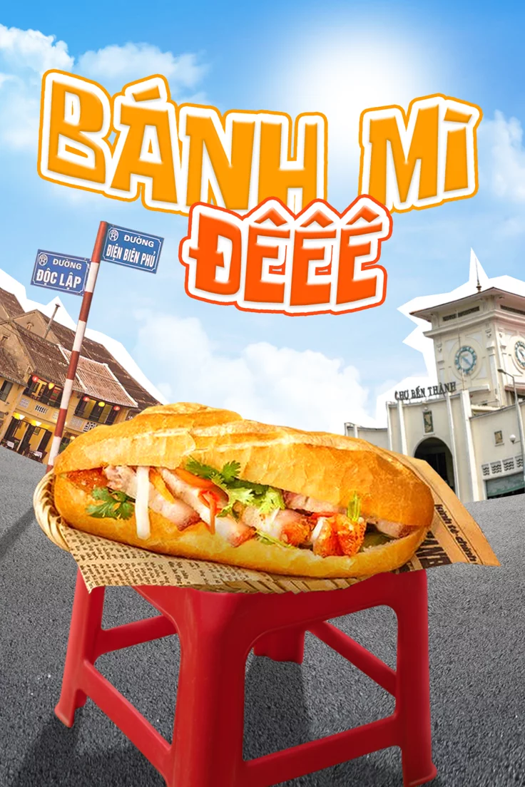 Logo bánh mì bối cảnh ở Sài Gòn có chợ Bến Thành, bánh mì làm trung tâm để trên ghế nhựa với dòng chữ bánh mì ddeeee.