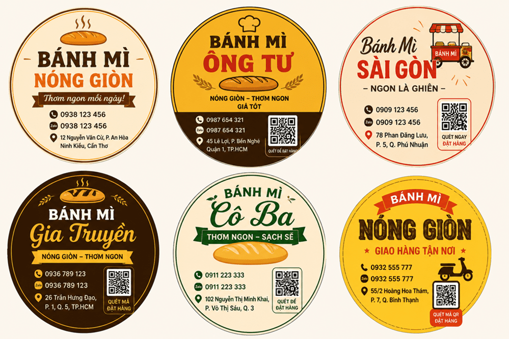 6 Logo kèm thông tin người bán như số điện thoại, địa chỉ, mã QR.