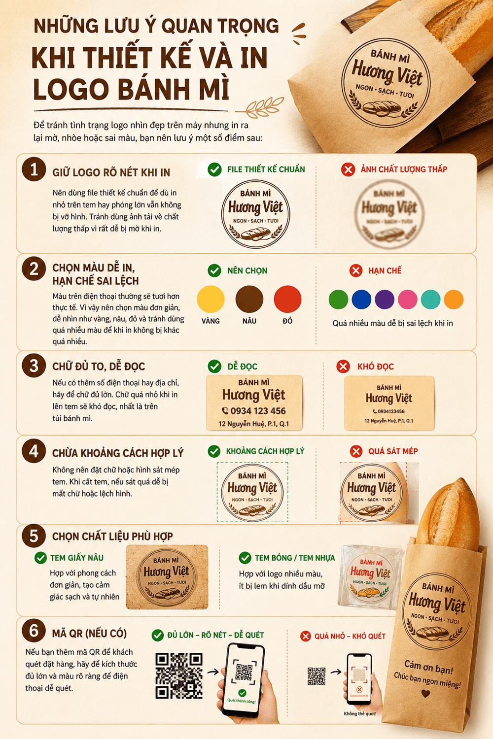 Infographic hướng dẫn 6 lưu ý quan trọng khi thiết kế và in ấn logo bánh mì, bao gồm độ sắc nét, màu sắc, font chữ, khoảng cách, chất liệu tem nhãn và mã QR.