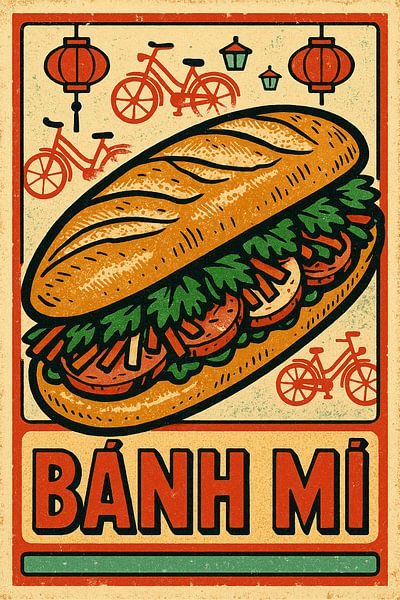 Logo bánh mì trên nền màu vàng retro họa tiết xe đạp, lồng đèn.