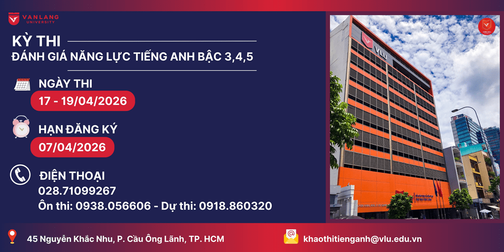 Slide về kỳ thi đánh giá năng lực tiếng anh bậc 3,4,5 có thông tin ngày thi, hạn đăng kí, số điện thoại, địa chỉ, email.