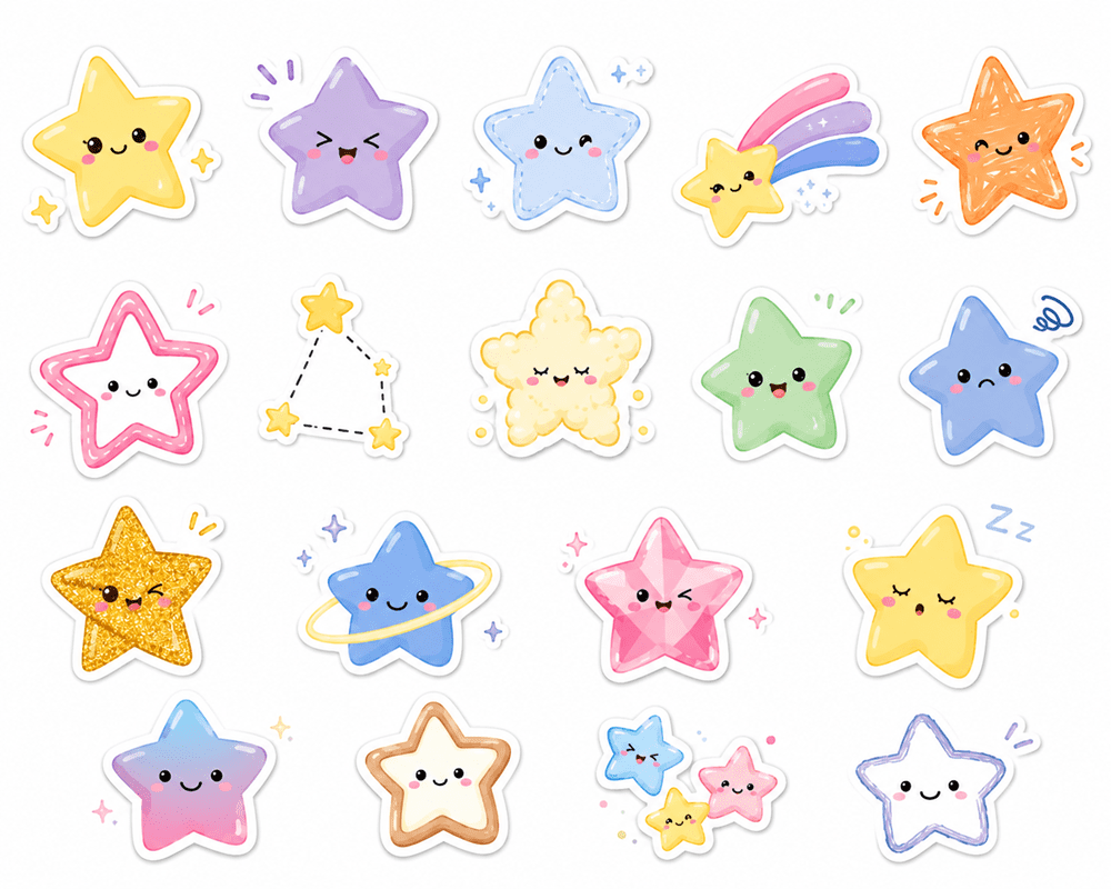 15 sticker ngôi sao đủ loại hình dáng, đa dạng màu, biểu cảm.