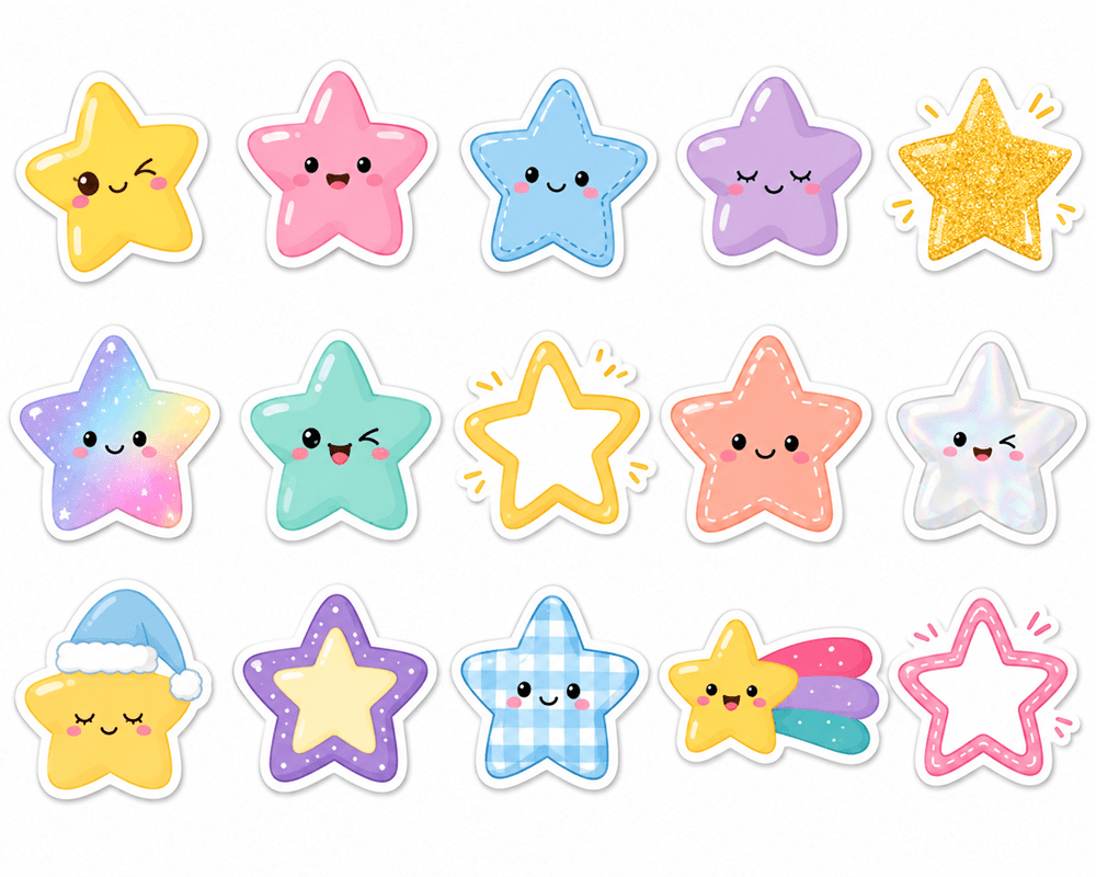 15 sticker ngôi sao đa dạng đủ loại màu sắc và hình thù dễ thương.