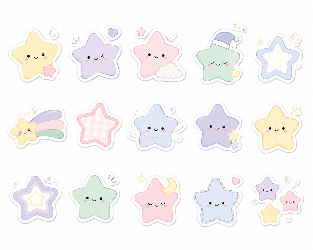 15 sticker ngôi sao màu pastel đa dạng.