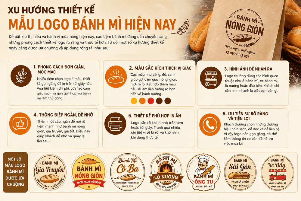 6 Xu hướng thiết kế gồm sự đơn giản, màu sắc, hình ảnh, thông điệp, in ấn, tiện  lợi, 1 số logo mẫu