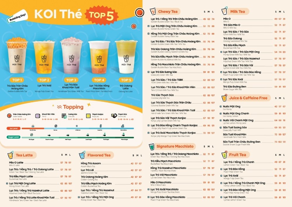 Menu KOI Thé cập nhật mới nhất